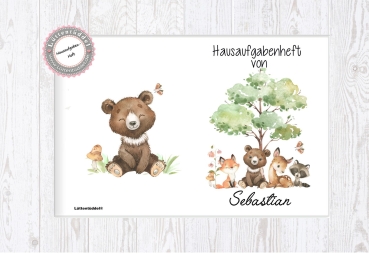 Preview: zuckersüßes  Schulheft Umschlag Tiere Bär Reh Fuchs Hausaufgabenheft in hochwertiger Hülle Einschulung Klassenwechsel von Lüttentüddel®